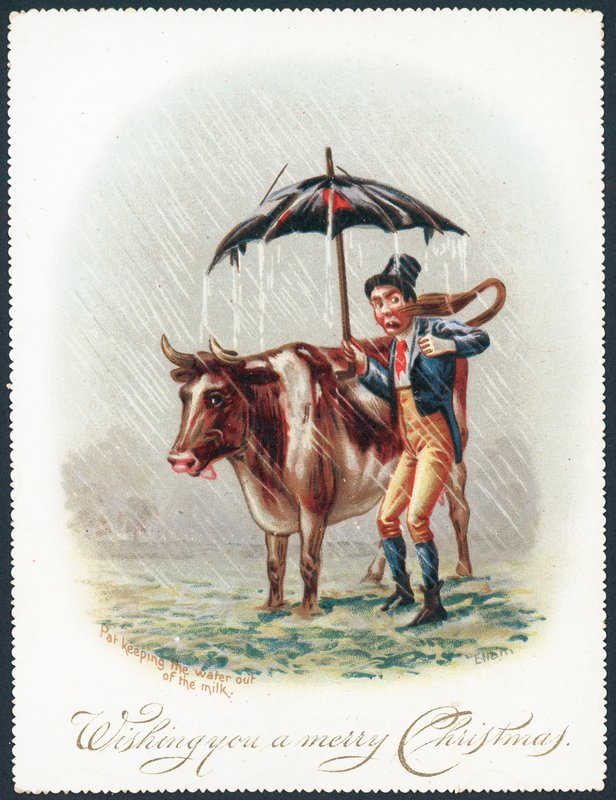 Guiando una vaca bajo la lluvia, tarjeta de Navidad de English School