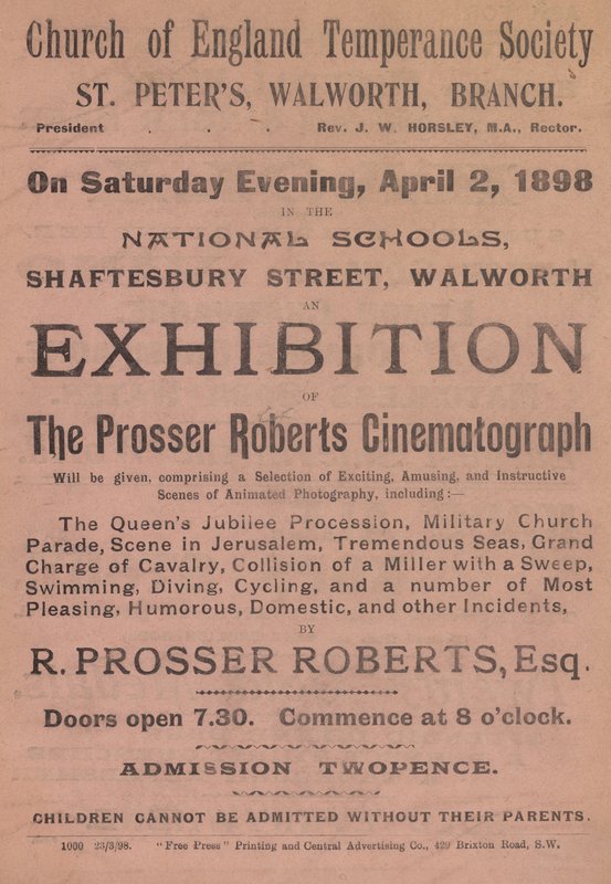 Folleto publicitario de una exposición del Cinematógrafo Prosser Roberts de English School