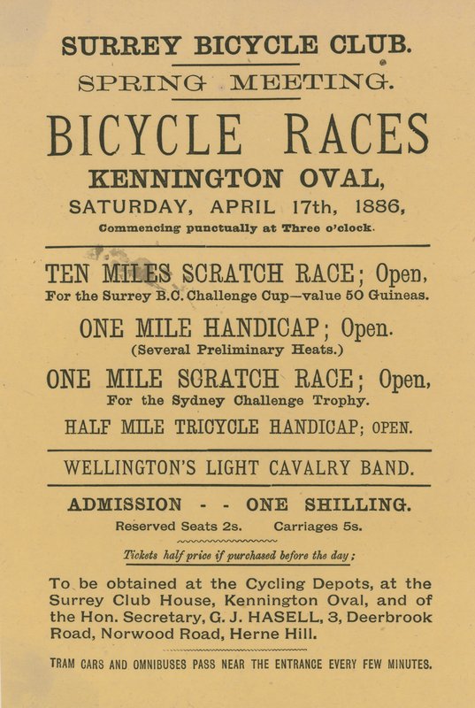 Folleto publicitario de carreras de bicicletas en Kennington Oval, 17 de abril de 1886 de English School