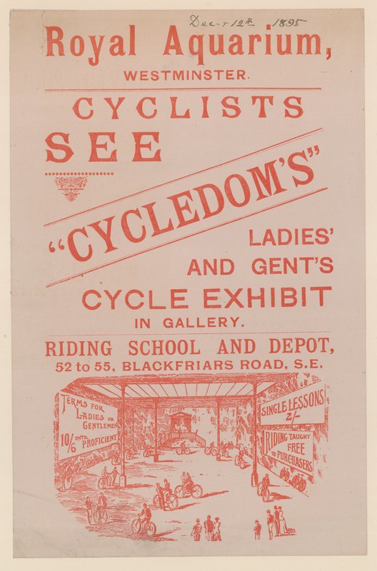 Folleto publicitario de la Exhibición de Bicicletas para Damas y Caballeros en el Royal Aquarium de English School