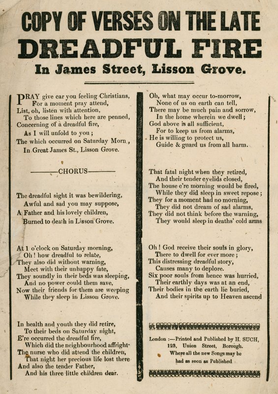 Folleto con verso relacionado con un incendio en James Street, Lisson Grove, Londres de English School