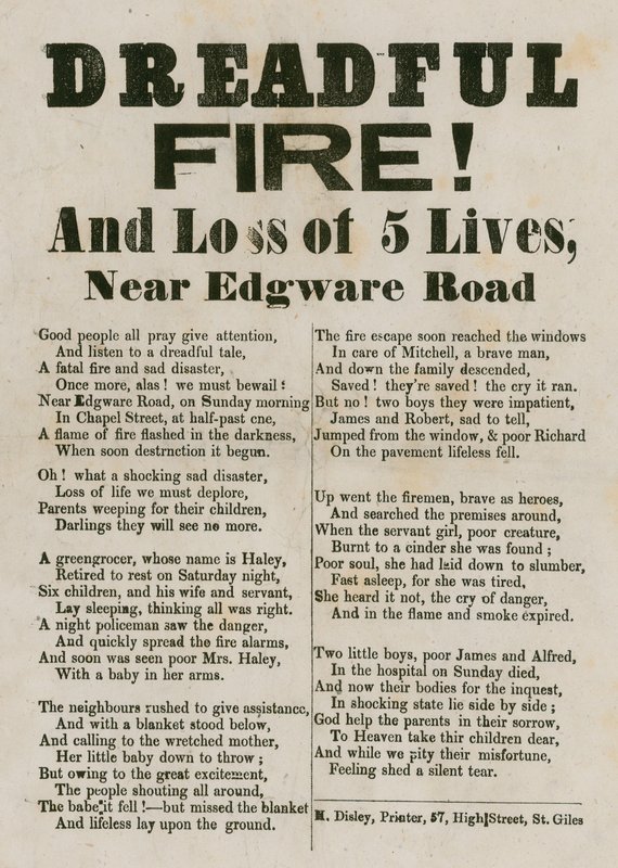 Folleto con verso relacionado con un incendio cerca de Edgware Road, Londres de English School