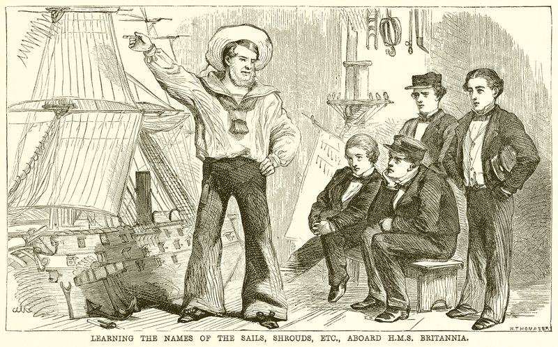 Aprendiendo los nombres de las velas, jarcias, etc., a bordo del H.M.S. Britannia de English School