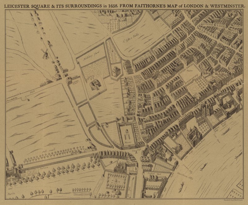 Leicester Square y sus alrededores en 1658 de English School