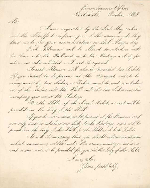 Carta detallando los arreglos para un banquete en el Guildhall, Londres, el 9 de noviembre de 1868 de English School