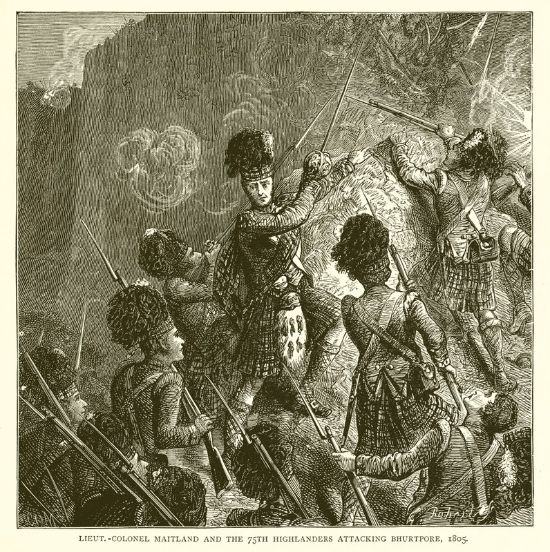 Teniente Coronel Maitland y los Highlanders 75 atacando Bhurtpore, 1805 de English School
