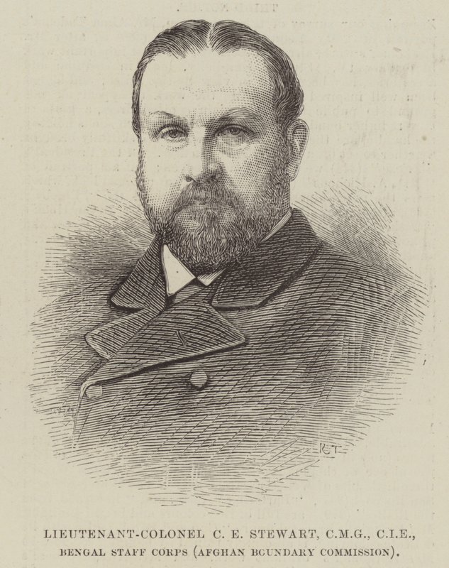 Teniente Coronel C E Stewart, CMG, CIE, Cuerpo de Estado Mayor de Bengala (Comisión de Fronteras de Afganistán) (grabado) de English School