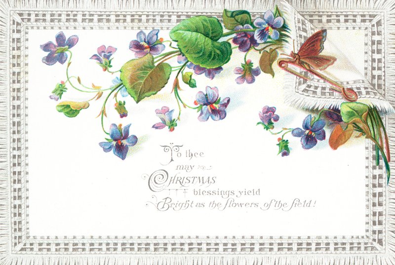Flores de campo lilas y mariposa, tarjeta de Navidad de English School