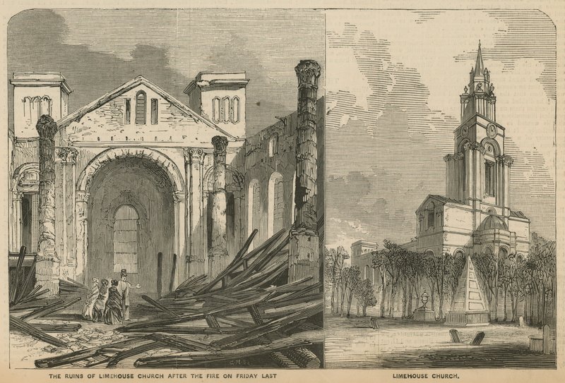 Iglesia de Limehouse antes y después del incendio de English School
