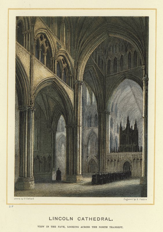Catedral de Lincoln, vista en la nave, mirando a través del transepto norte de English School