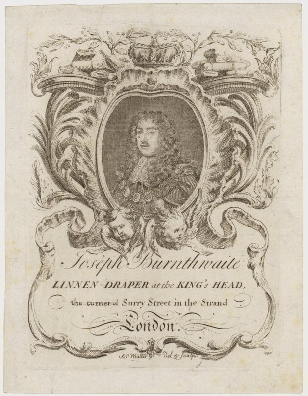 Drapero de lino, John Burnthwaite, tarjeta comercial de English School