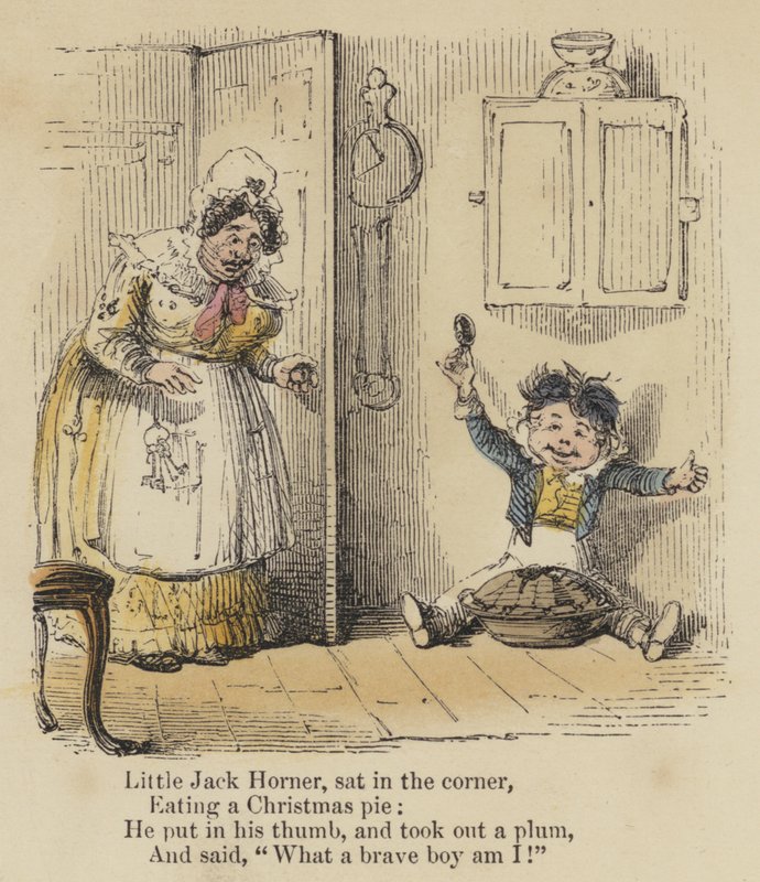 Pequeño Jack Horner, sentado en la esquina, Comiendo un pastel de Navidad, Metió el pulgar y sacó una ciruela, Y dijo, "¡Qué valiente soy!" (grabado coloreado) de English School