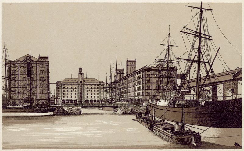 Liverpool: Waterloo Dock and Grain Warehouses (litografía) de English School