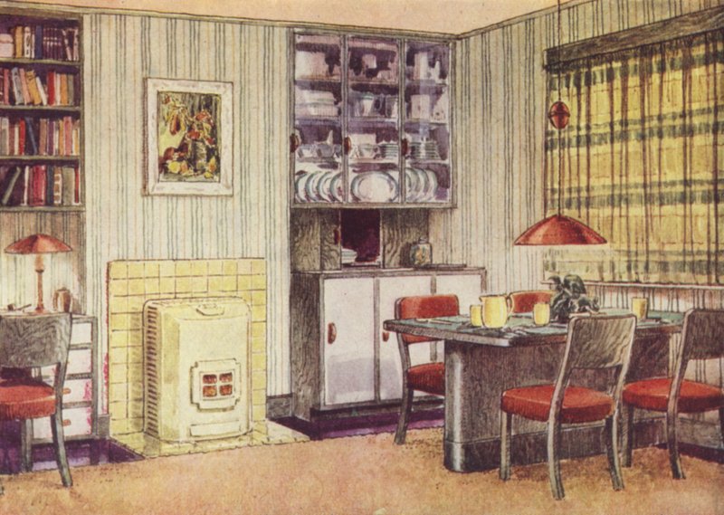 Salón con zona de comedor y fuego de combustibles sólidos (litografia color) de English School