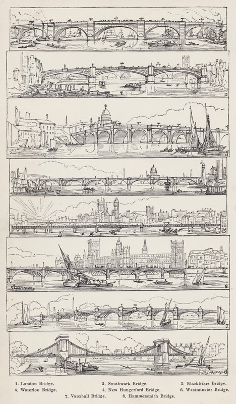 Puente de Londres, Puente de Southwark, Puente de Blackfriars, Puente de Waterloo, Nuevo Puente de Hungerford, Puente de Westminster, Puente de Vauxhall, Puente de Hammersmith (grabado) de English School
