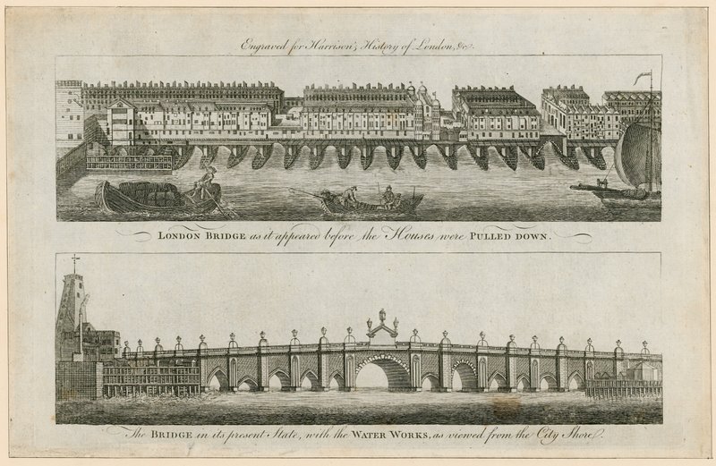 Puente de Londres antes de que se derribaran las casas, y en su estado actual de English School