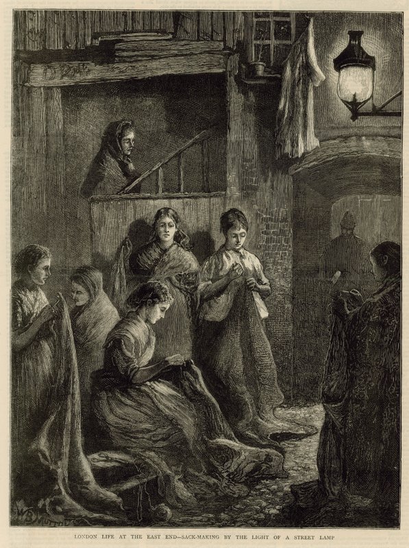 Vida en Londres en el East End - fabricación de sacos a la luz de una farola de English School