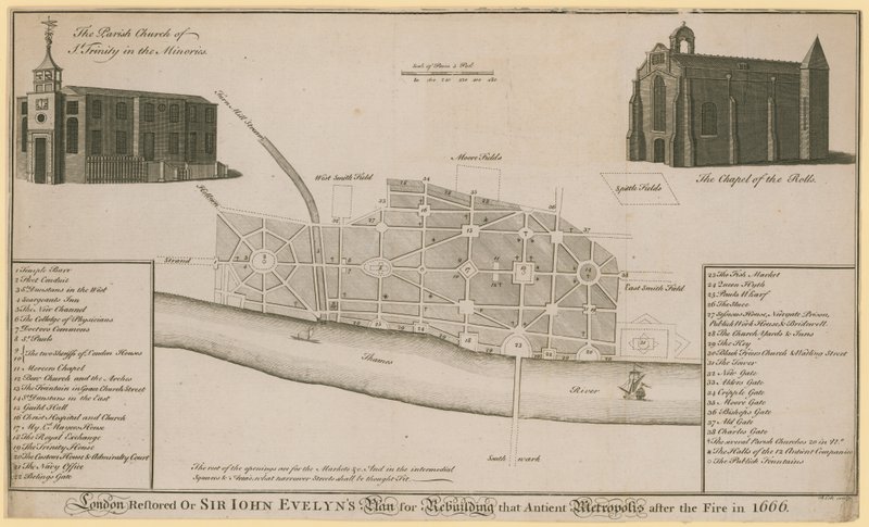 Londres restaurado, o el plan de Sir John Evelyn para reconstruir esa antigua metrópolis después del incendio de 1666 de English School