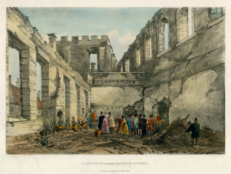 Sala Larga que conduce a la Torre de Ladrillo, Incendio de la Torre de Londres, 1841 de English School