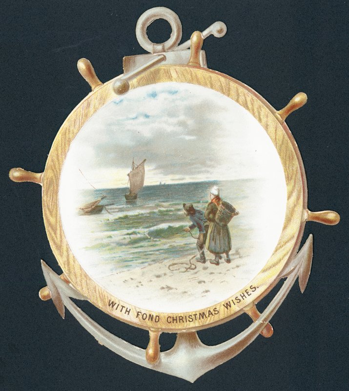 Mirando a través del timón de un barco, tarjeta de Navidad de English School