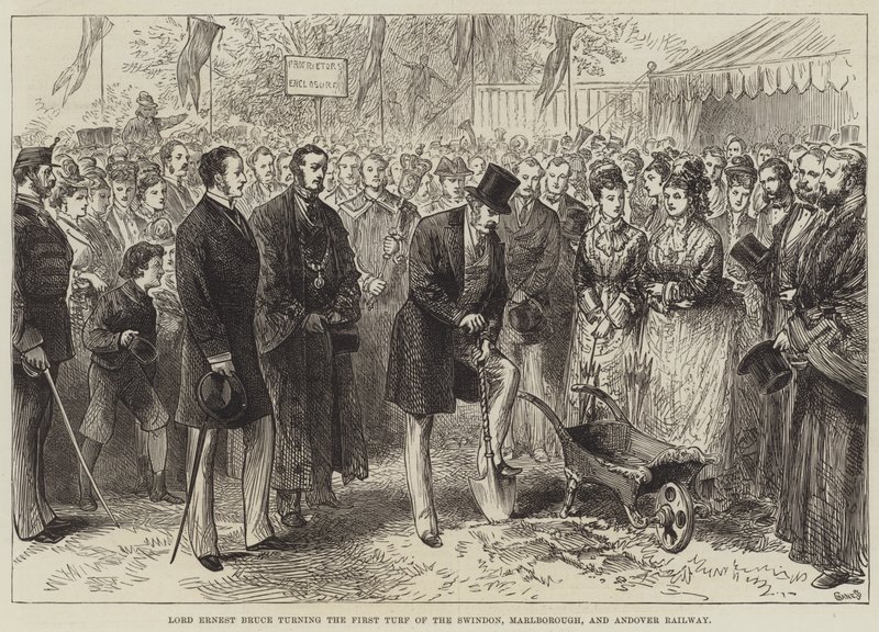 Lord Ernest Bruce inaugurando el primer césped del ferrocarril Swindon, Marlborough y Andover (grabado) de English School