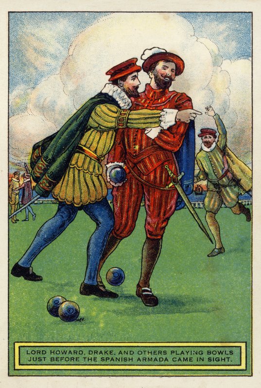 Lord Howard, Drake y otros jugando a los bolos justo antes de que la Armada Española apareciera de English School