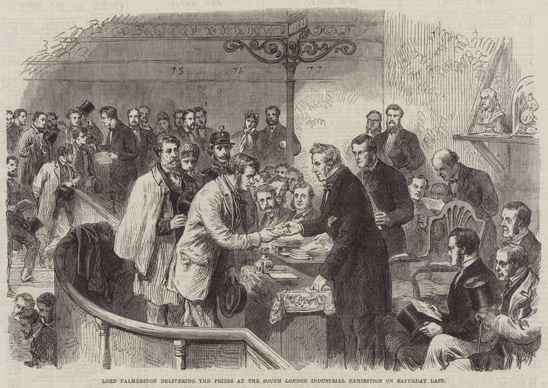 Lord Palmerston entregando los premios en la Exposición Industrial del Sur de Londres el sábado pasado de English School