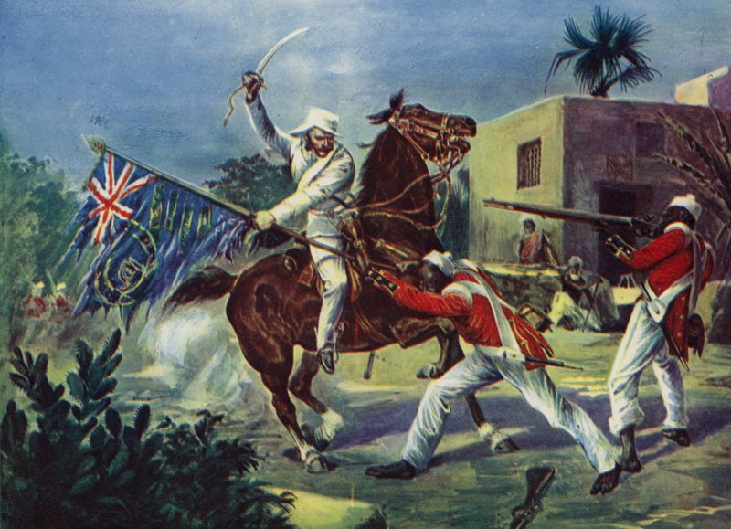 Lord Roberts luchando contra dos cipayos por el estandarte británico en Khudaganj, por lo que recibió la Cruz Victoria durante el motín indio. de English School