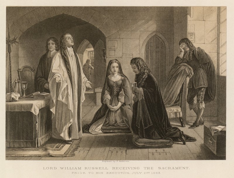 Lord William Russell recibiendo el sacramento antes de su ejecución, 21 de julio de 1683 (grabado) de English School