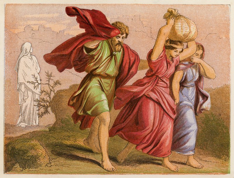 La huida de Lot de Sodoma (litografía en color) de English School