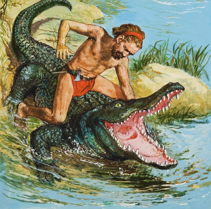 Louis, el Náufrago de la Isla Desierta, atacando a un cocodrilo (gouache sobre papel) de English School