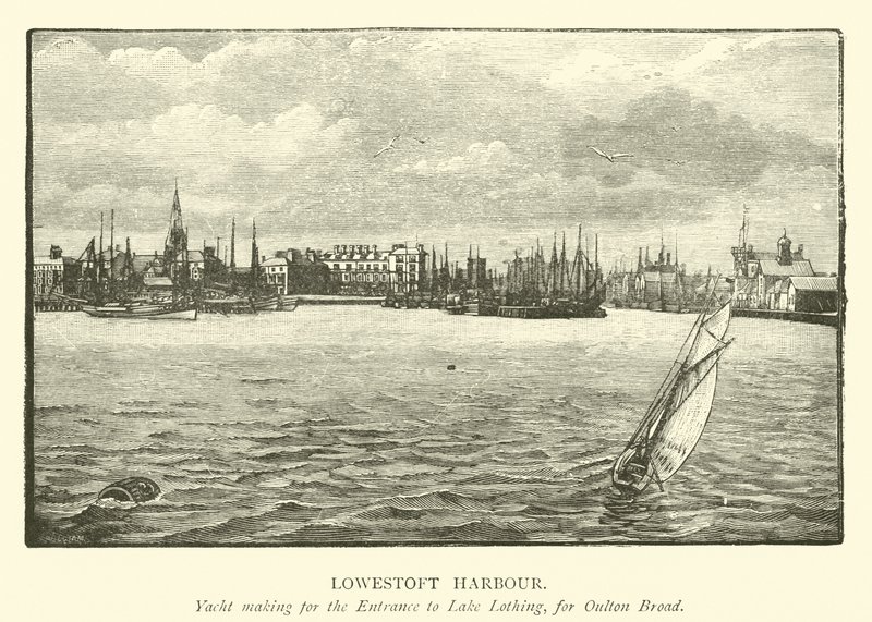 Puerto de Lowestoft. Yate dirigiéndose a la entrada del Lago Lothing, para Oulton Broad de English School