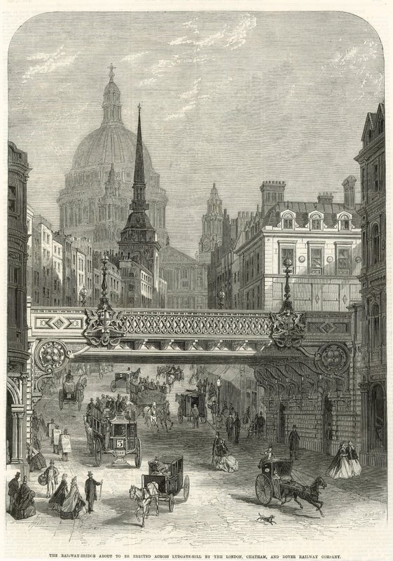Ludgate Hill, el puente ferroviario a punto de ser erigido por la Compañía de Ferrocarriles de Londres, Chatham y Dover de English School