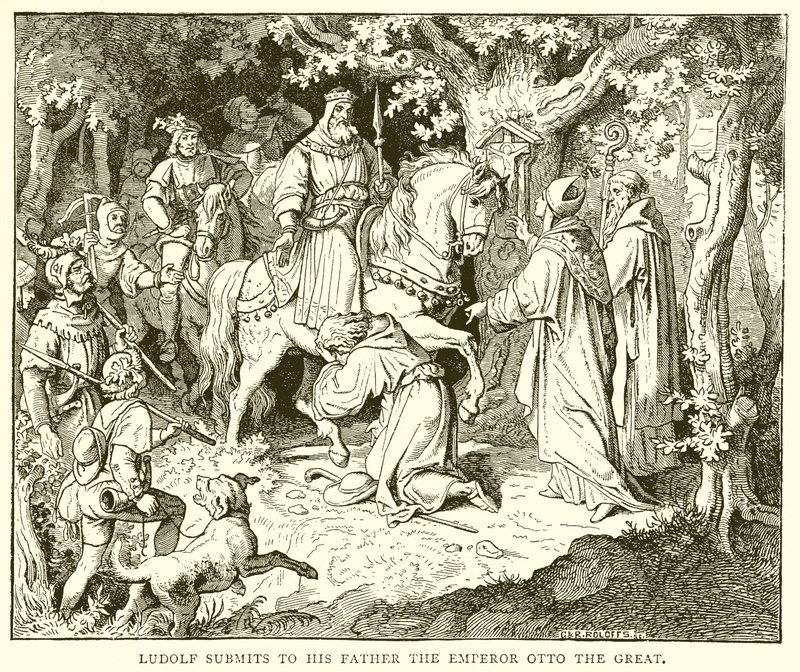 Ludolfo se somete a su padre, el emperador Otón el Grande de English School