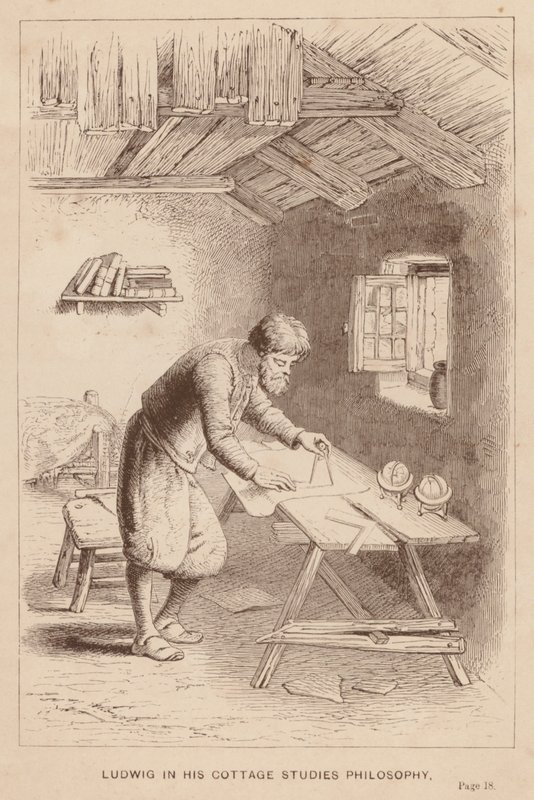 Ludwig en su cabaña estudia filosofía (grabado) de English School