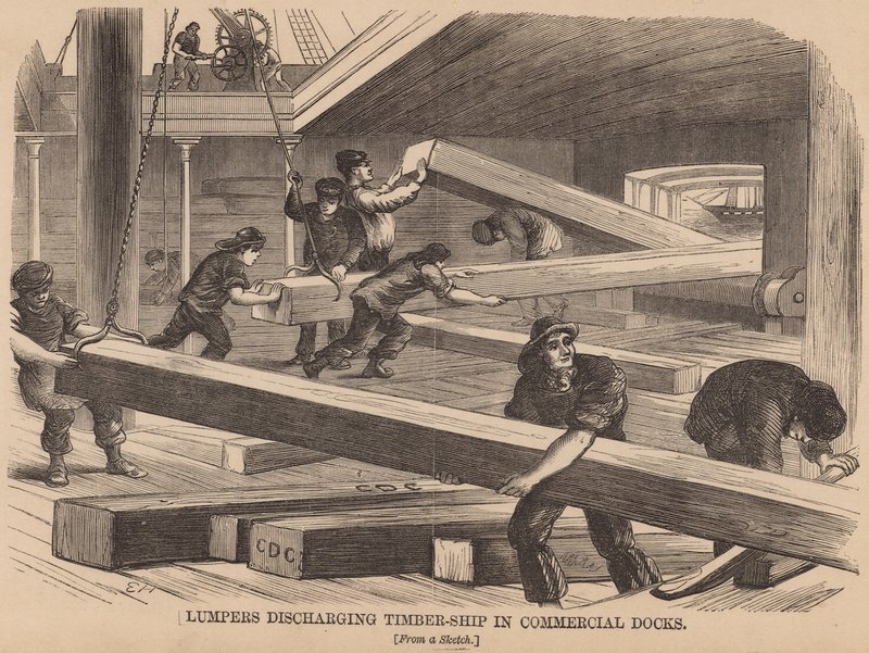 Descargadores de madera en los muelles comerciales de English School