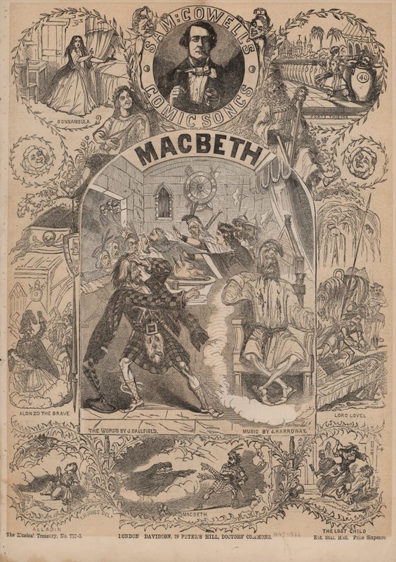 Macbeth, una de las canciones cómicas de Sam Cowells (litografía en color) de English School