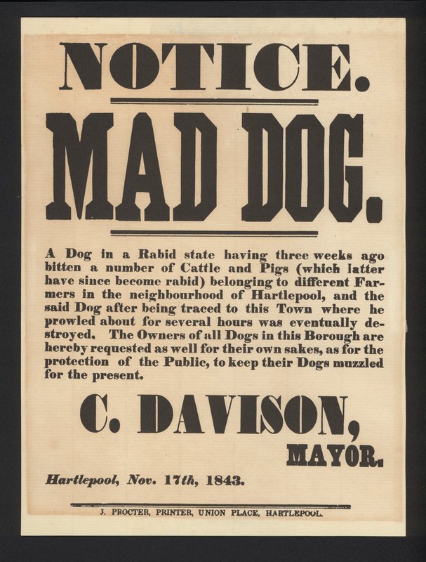 Aviso de Perro Rabioso, Hartlepool, 1843 de English School
