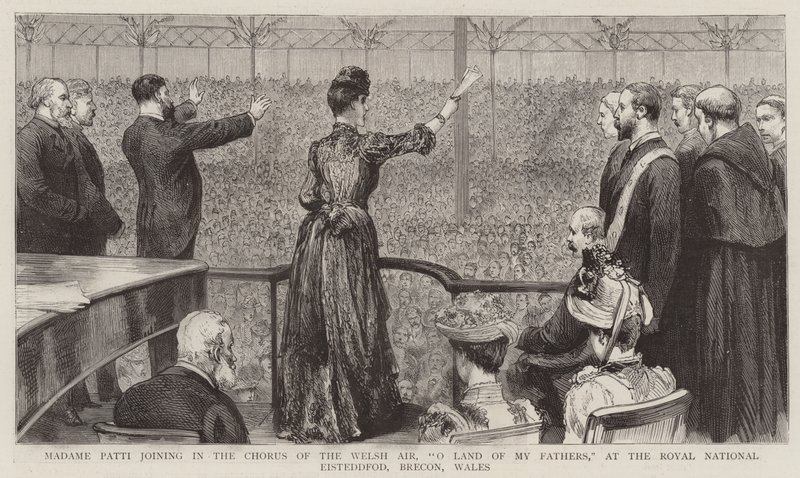 Madame Patti uniéndose al coro del aire galés, "O Land of My Fathers", en el Eisteddfod Nacional Real, Brecon, Gales de English School