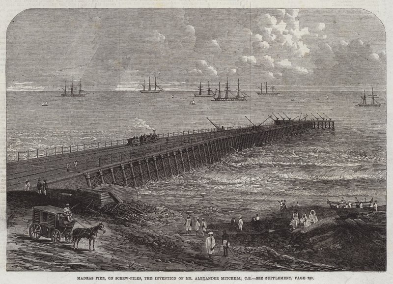 Muelle de Madrás, sobre pilotes de tornillo, invención del Sr. Alexander Mitchell de English School