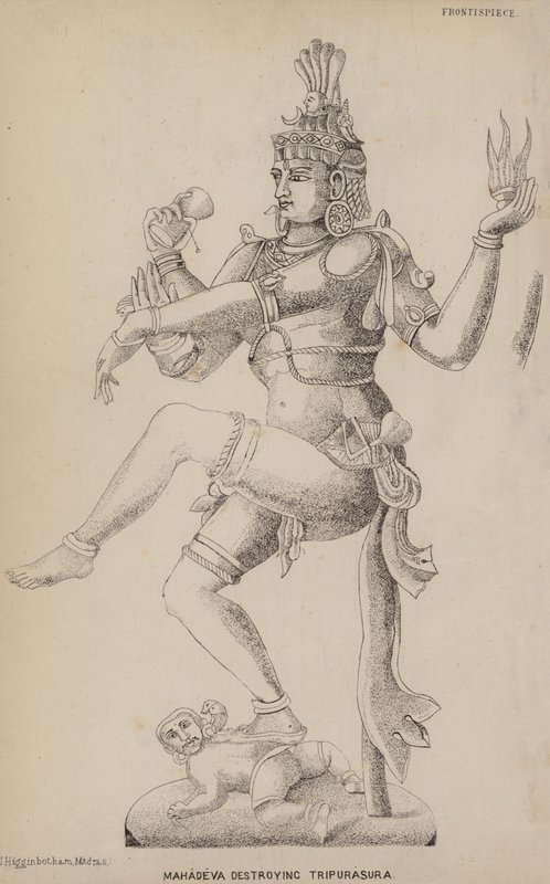 Mahadeva destruyendo Tripurasura (grabado) de English School