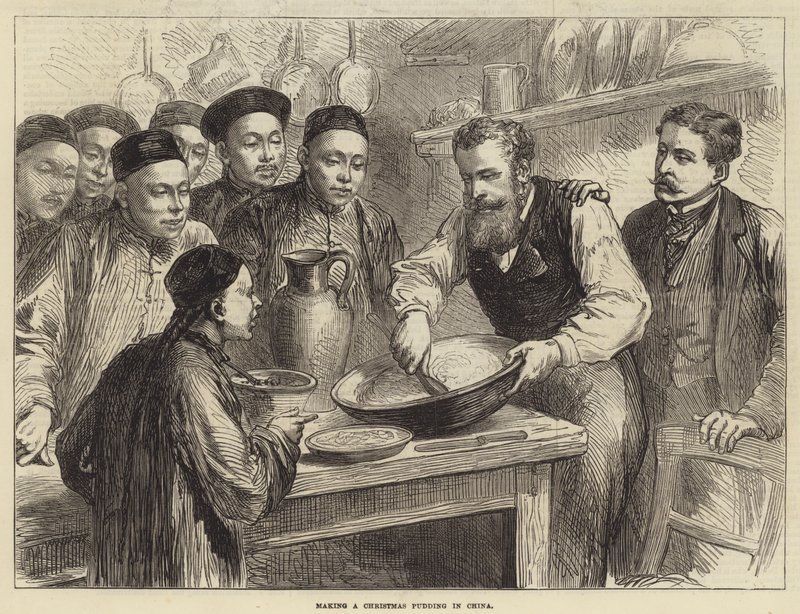 Haciendo un pudín de Navidad en China (grabado) de English School