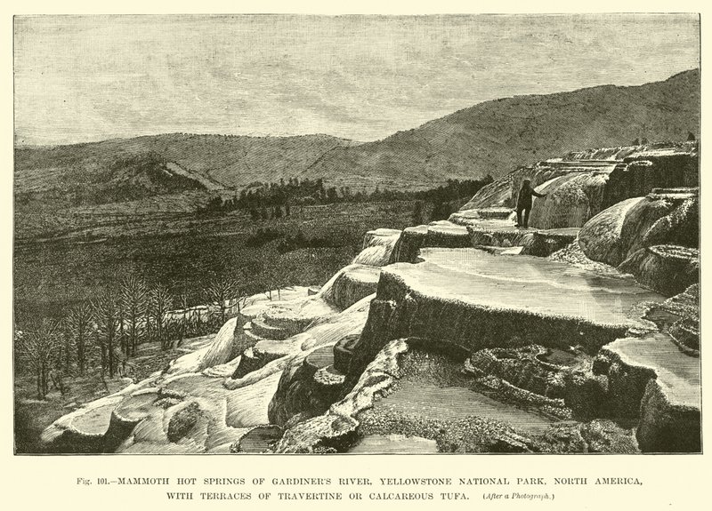 Fuentes termales gigantes de Gardiners River, Parque Nacional Yellowstone, América del Norte, con terrazas de travertino o toba calcárea de English School