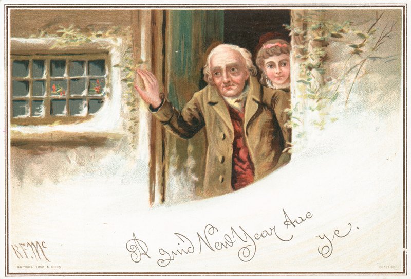 Hombre y niña mirando la nieve desde la puerta, Tarjeta de Año Nuevo de English School
