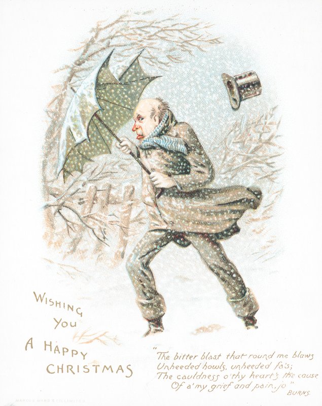 Hombre caminando por la nieve con viento fuerte, tarjeta de Navidad de English School