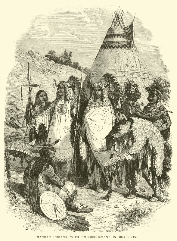 Indios Mandan, con hombre-medicina en piel de oso de English School