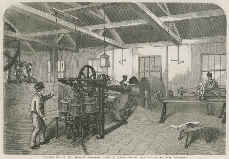 Fabricación del cable submarino atlántico en la fábrica de Glass Elliott and Co., East Greenwich de English School