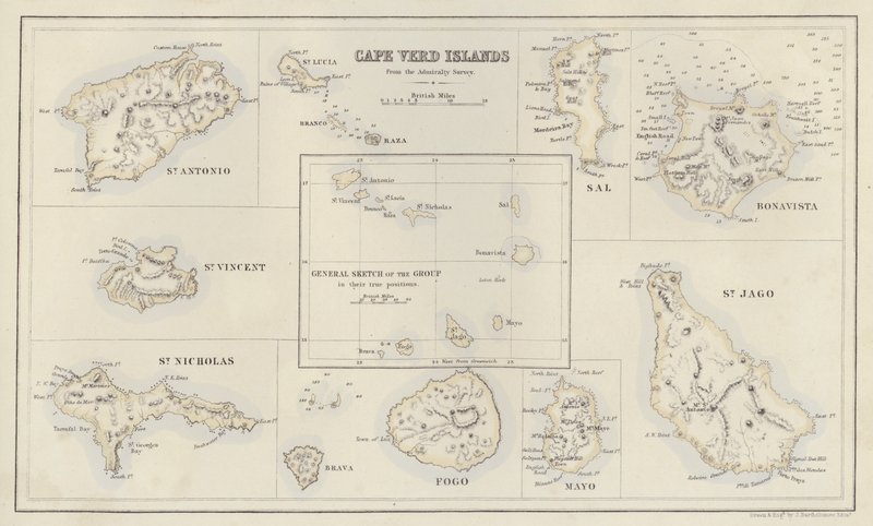 Mapa: Islas de Cabo Verde, del Admiralty Survey (litografía en color) de English School