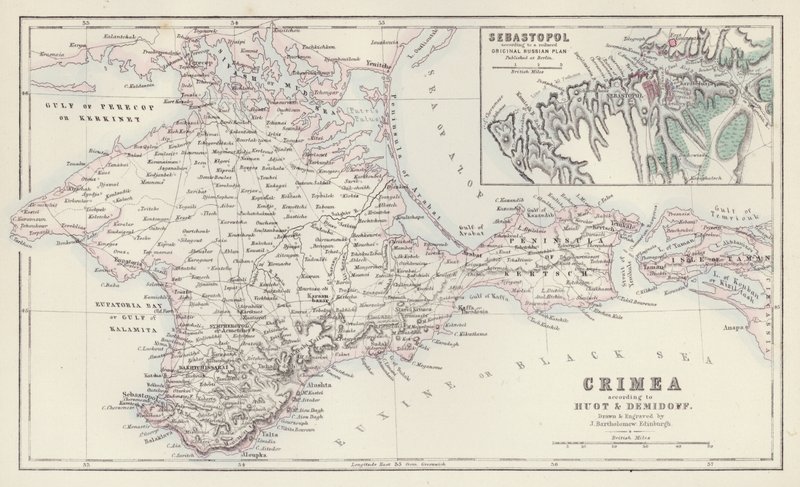 Mapa: Crimea, según Huot y Demidoff, dibujado y grabado por J Bartholomew, Edimburgo; Sebastopol, según un plano original ruso reducido publicado en Berlín (litografía en color). de English School