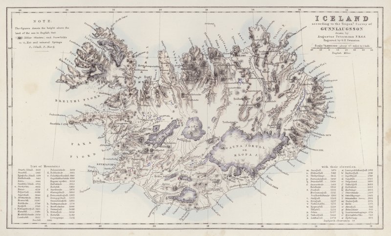 Mapa: Islandia, según el Trigon Survey de Gunnlaugsson dibujado por Augustus Petermann (litografía en color) de English School